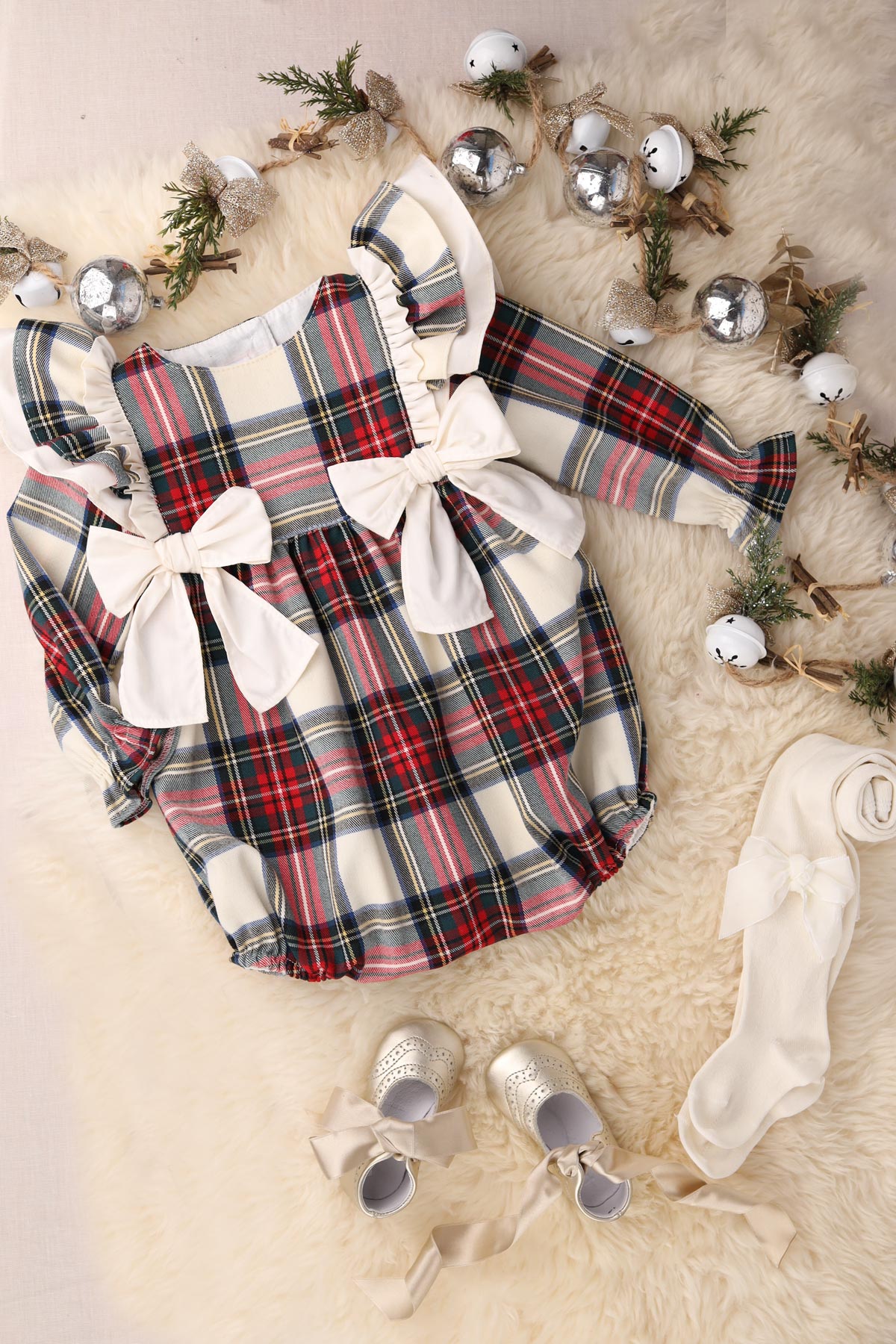tartan frill shoulder baby girl romper with ivory tights and gold shoes