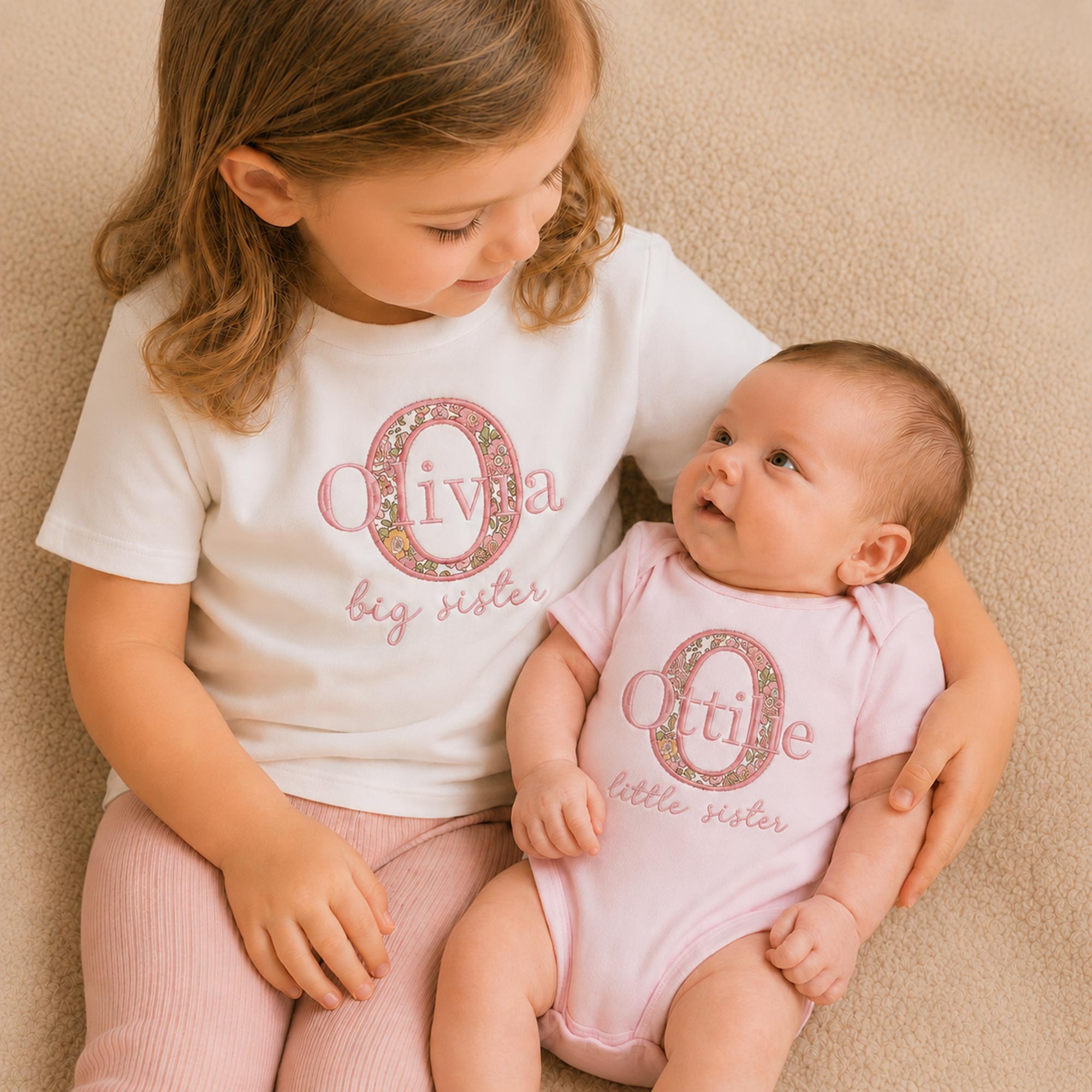 Personalised Little Sister Name Bodysuit | Liberty Fabric Initial Design
