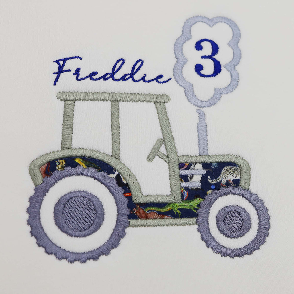 Personalised Tractor Birthday Jumper – Liberty Fabric Appliqué
