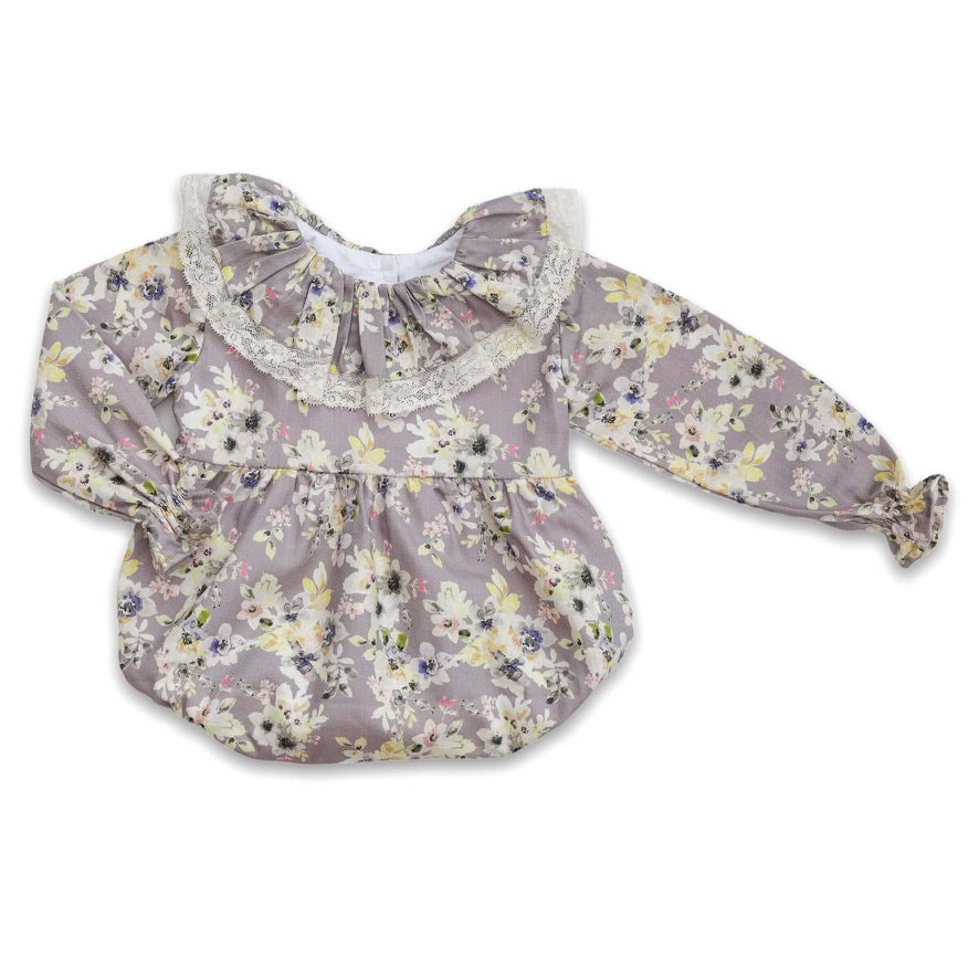 lilac floral baby girl romper with frill collar