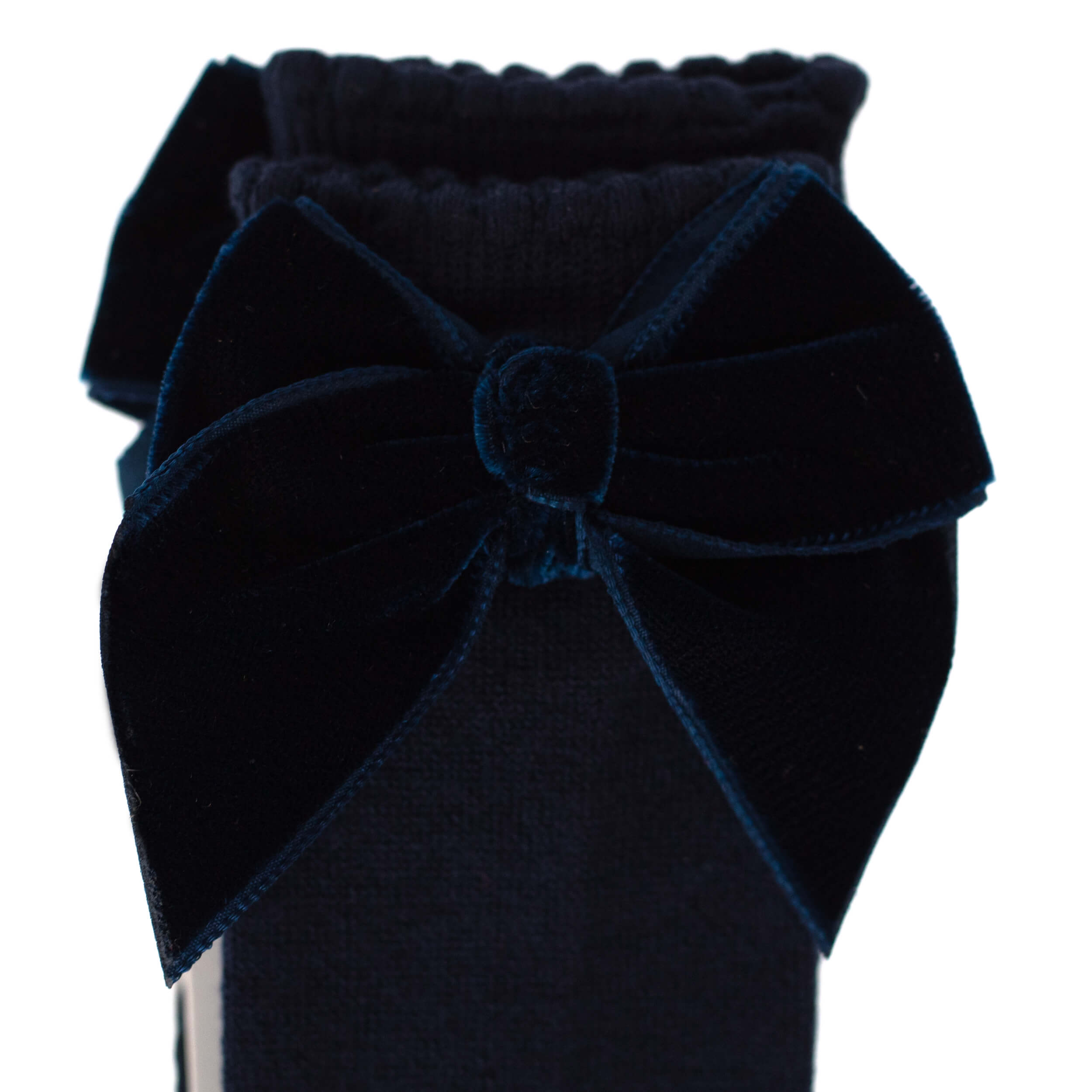 close up velvet bow spanish baby socks, navy