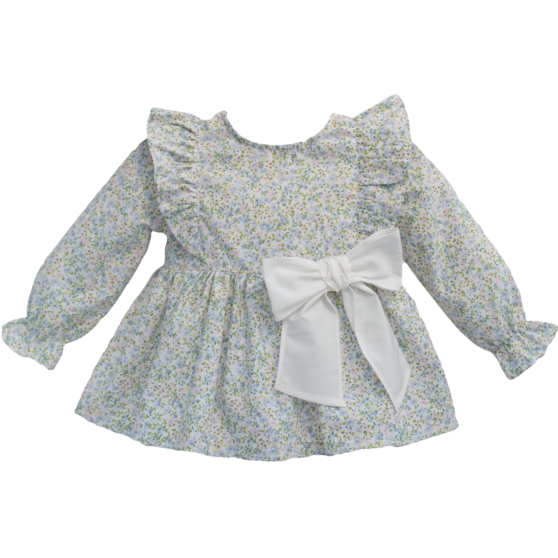 floral organic cotton baby girl blouse with ivory bow, made in portugal