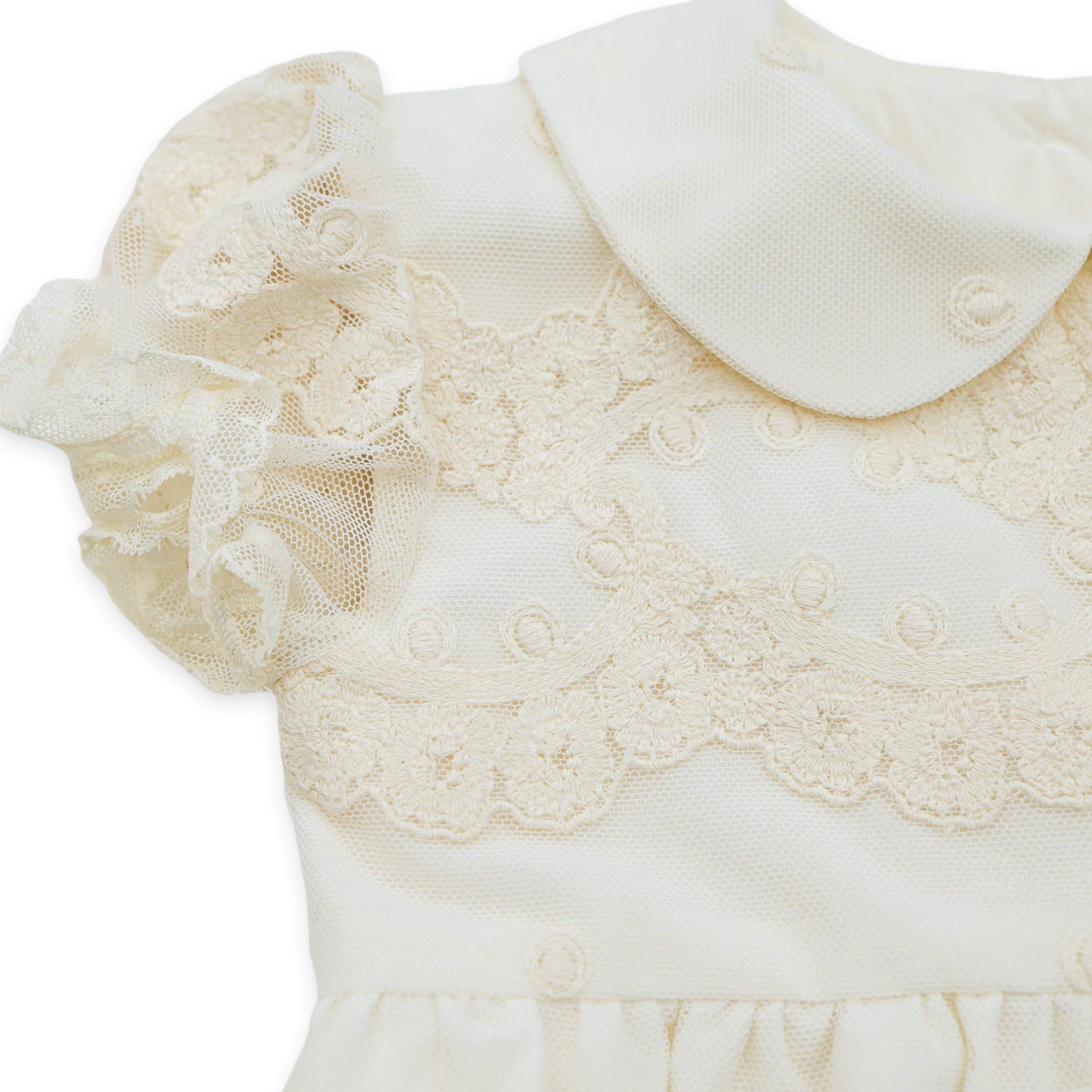 baby girl lace christening romper with puff sleeves