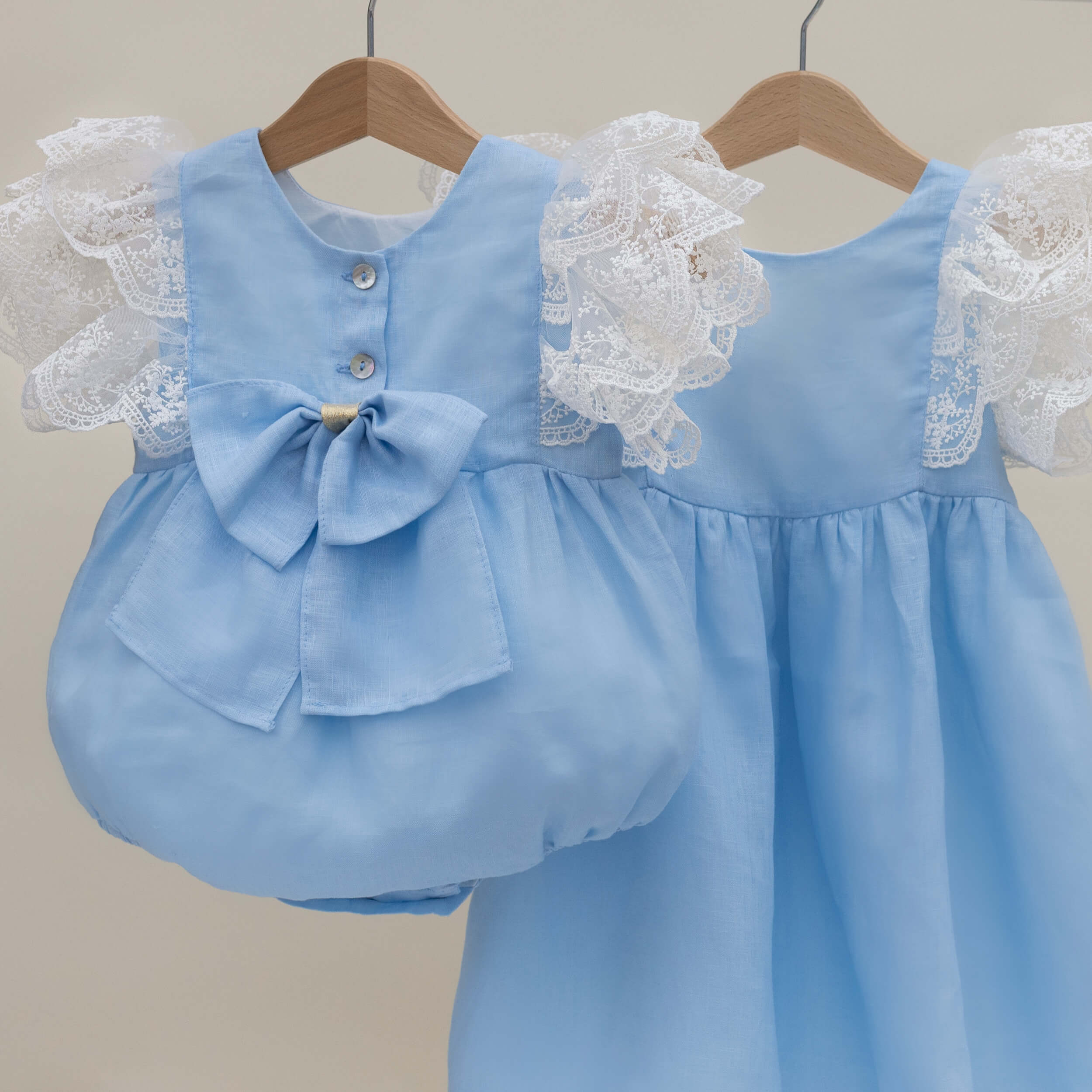 blue linen girls dress & baby romper
