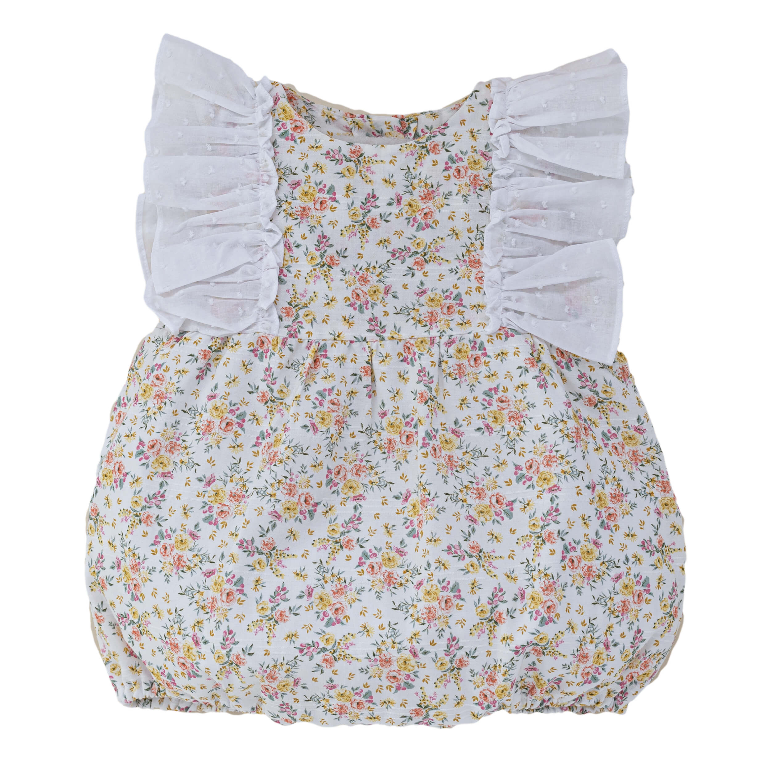 floral baby romper with plumeti frill shoulders