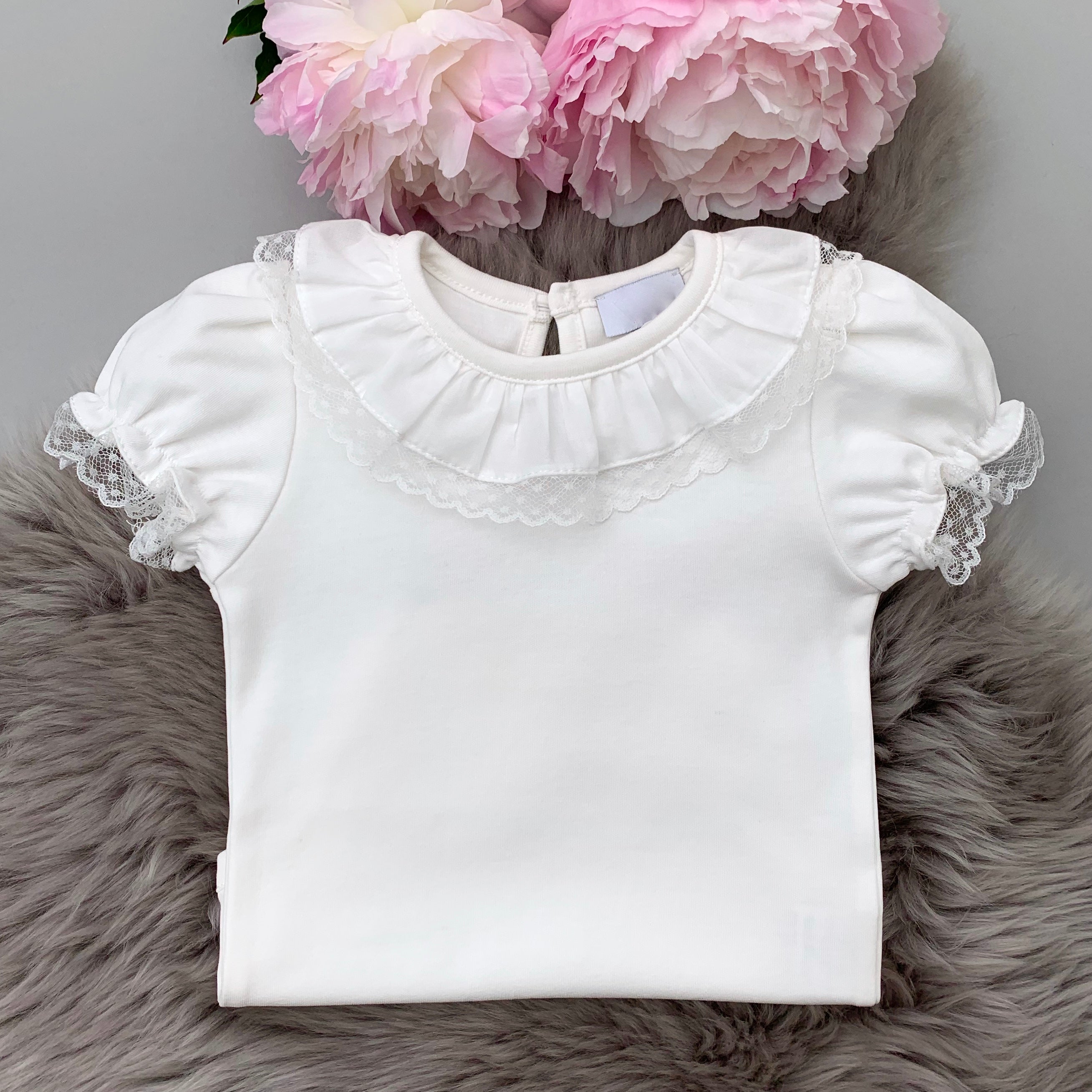 portuguese baby bodysuit with a lace edge frill collar in ivory colour