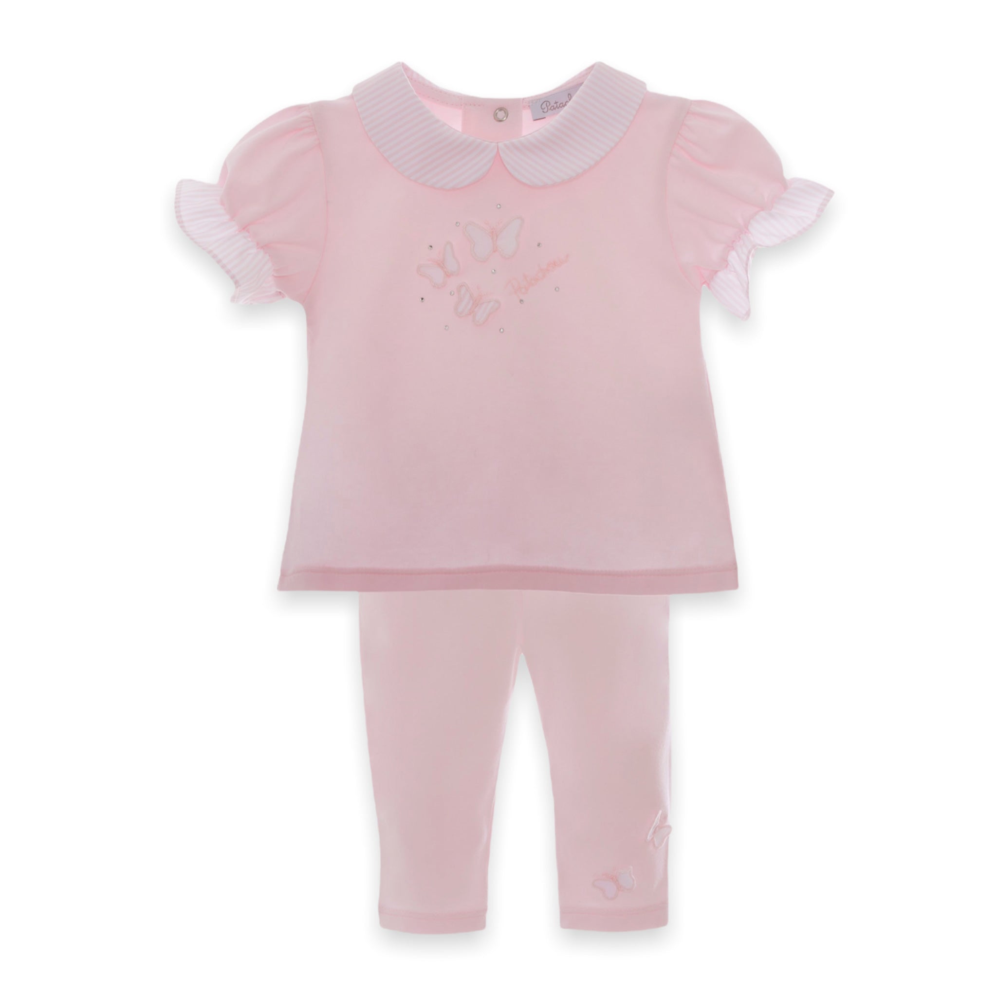 pink baby girl tracksuit with butterfly applique by patachou