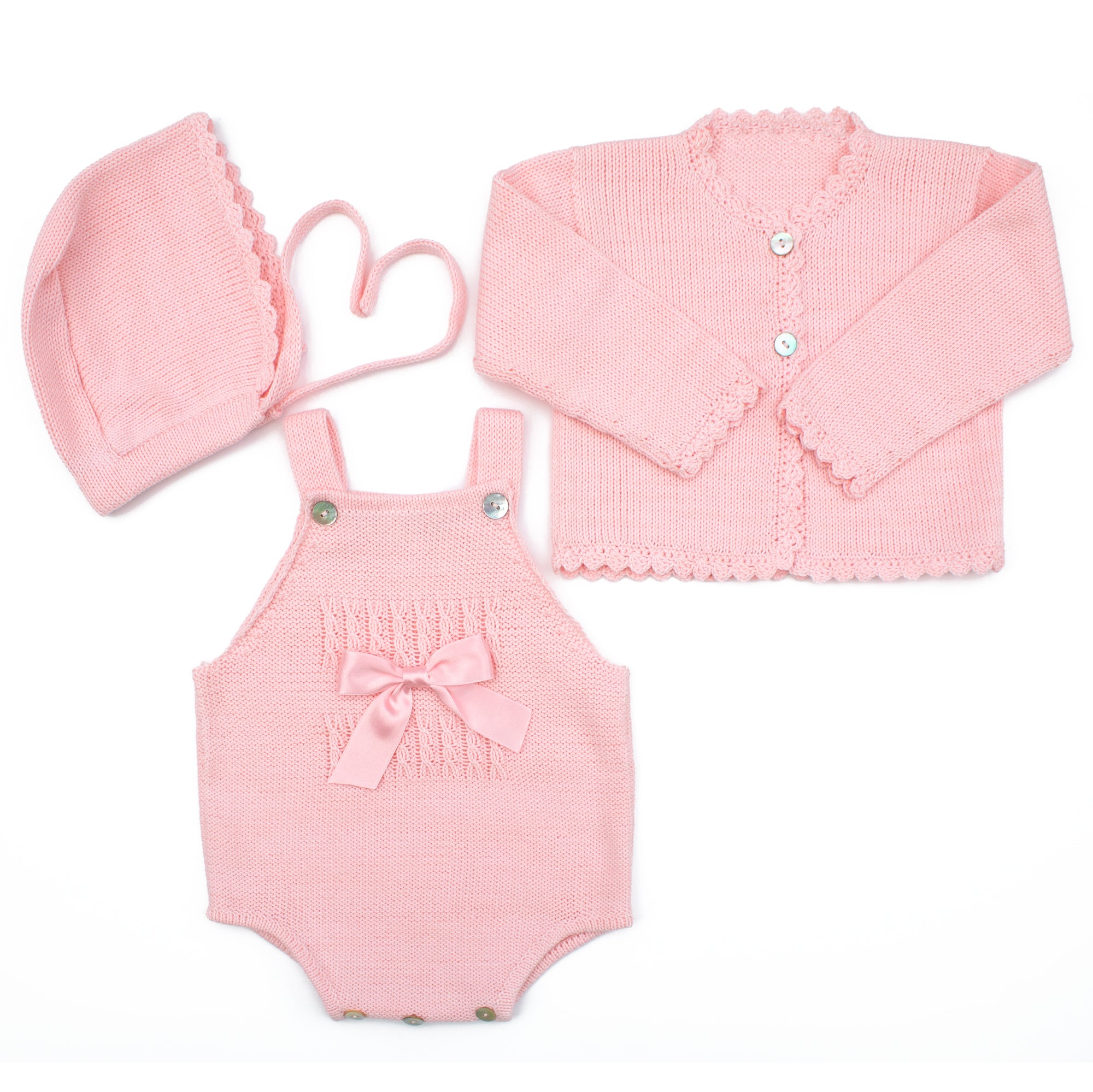 pink knitted baby girl romper, cardigan & bonnet set