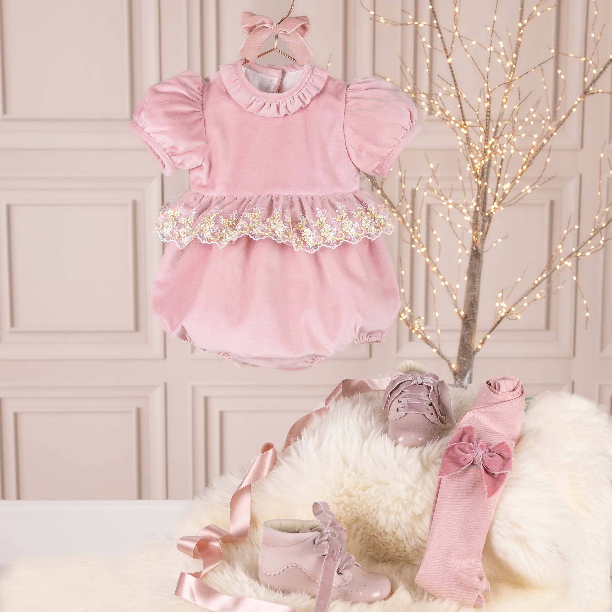 pink velvet baby girl romper with pink toddler boots and tights