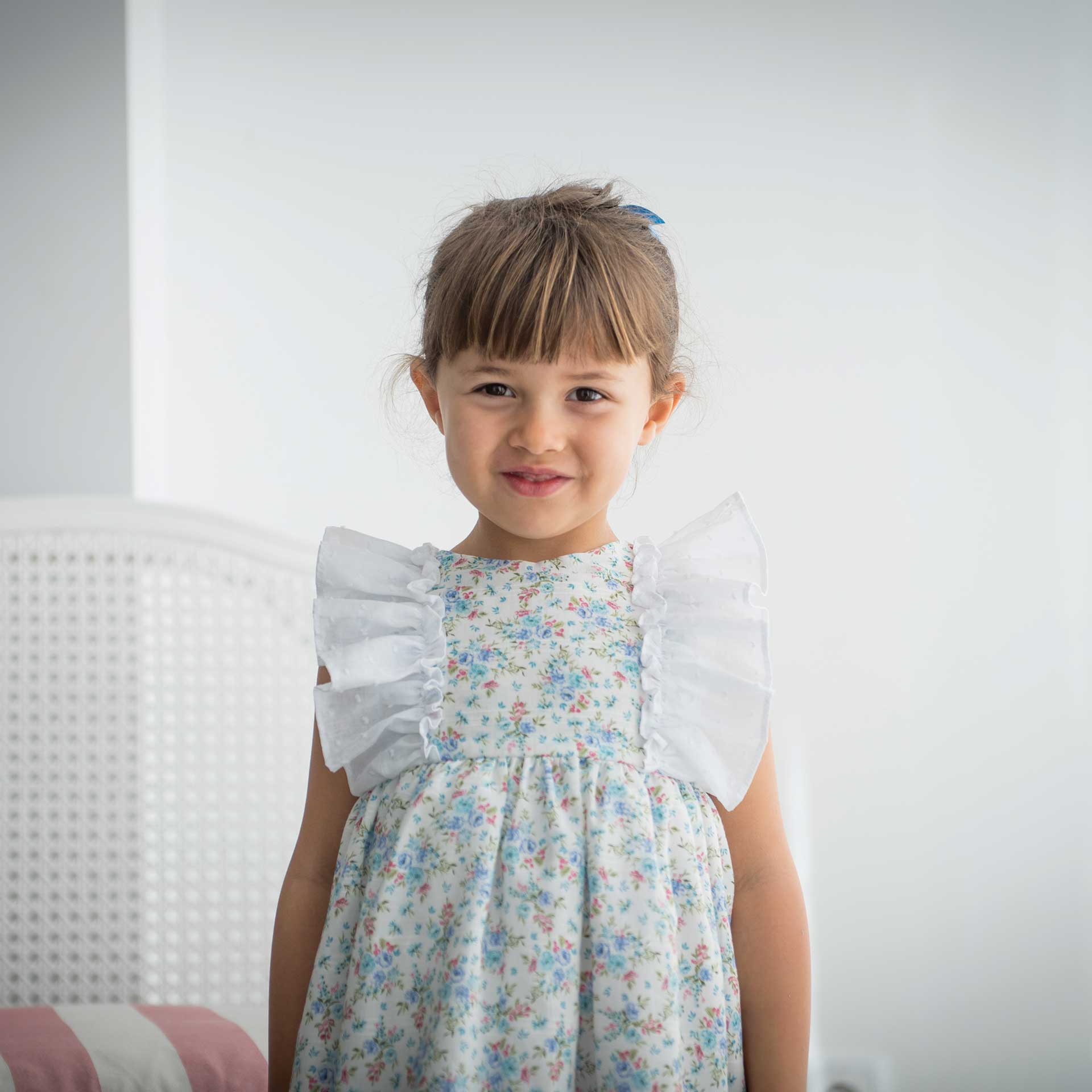 pukatuka floral girls dress in blue with plumeti frill