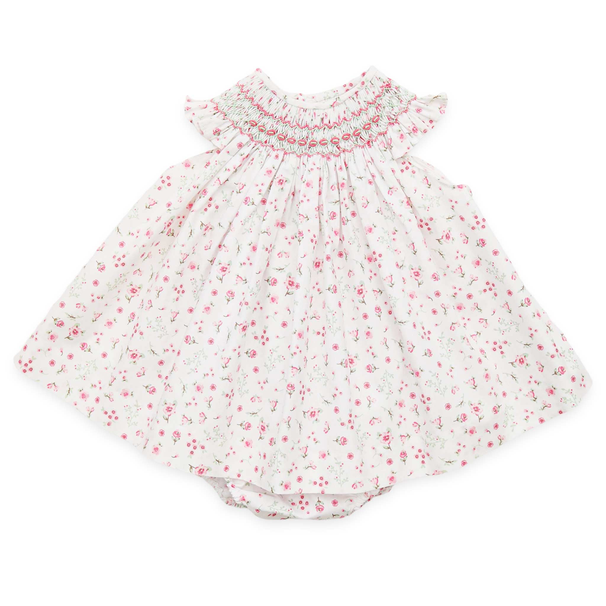 spanish hand smocked baby girl outfit with pink flowers