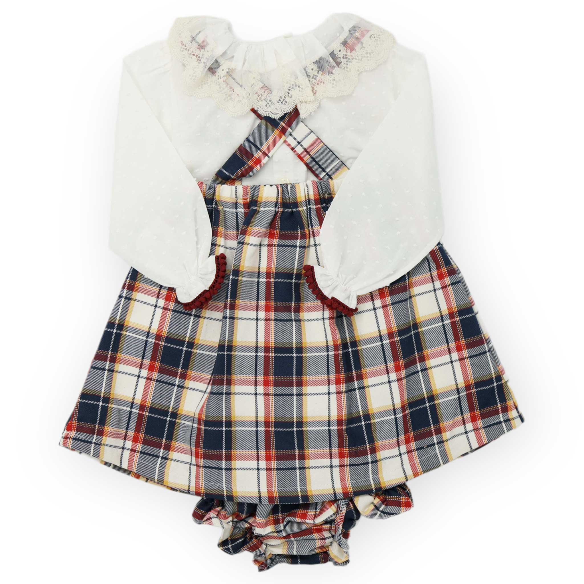 back of tartan pinafore dress & blouse outfit