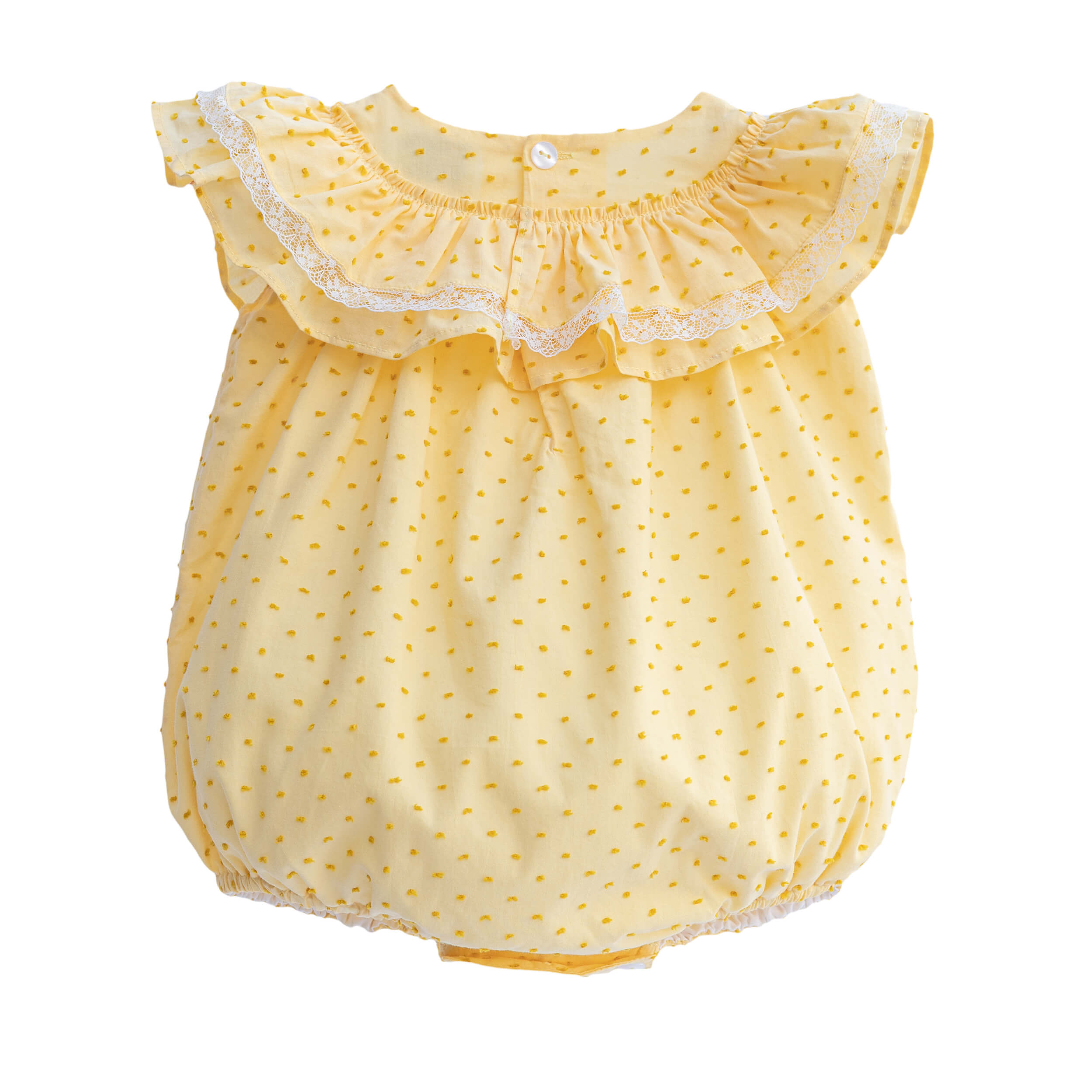 back of yellow plumeti baby romper with frill neck